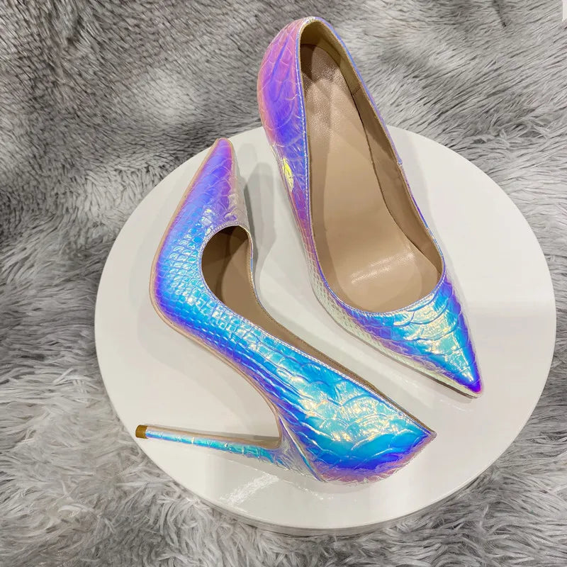 Shiny Silver Crocodile pattern Women Pointy Toe High Heel Shoes Sexy Stiletto Pumps for Wedding Party