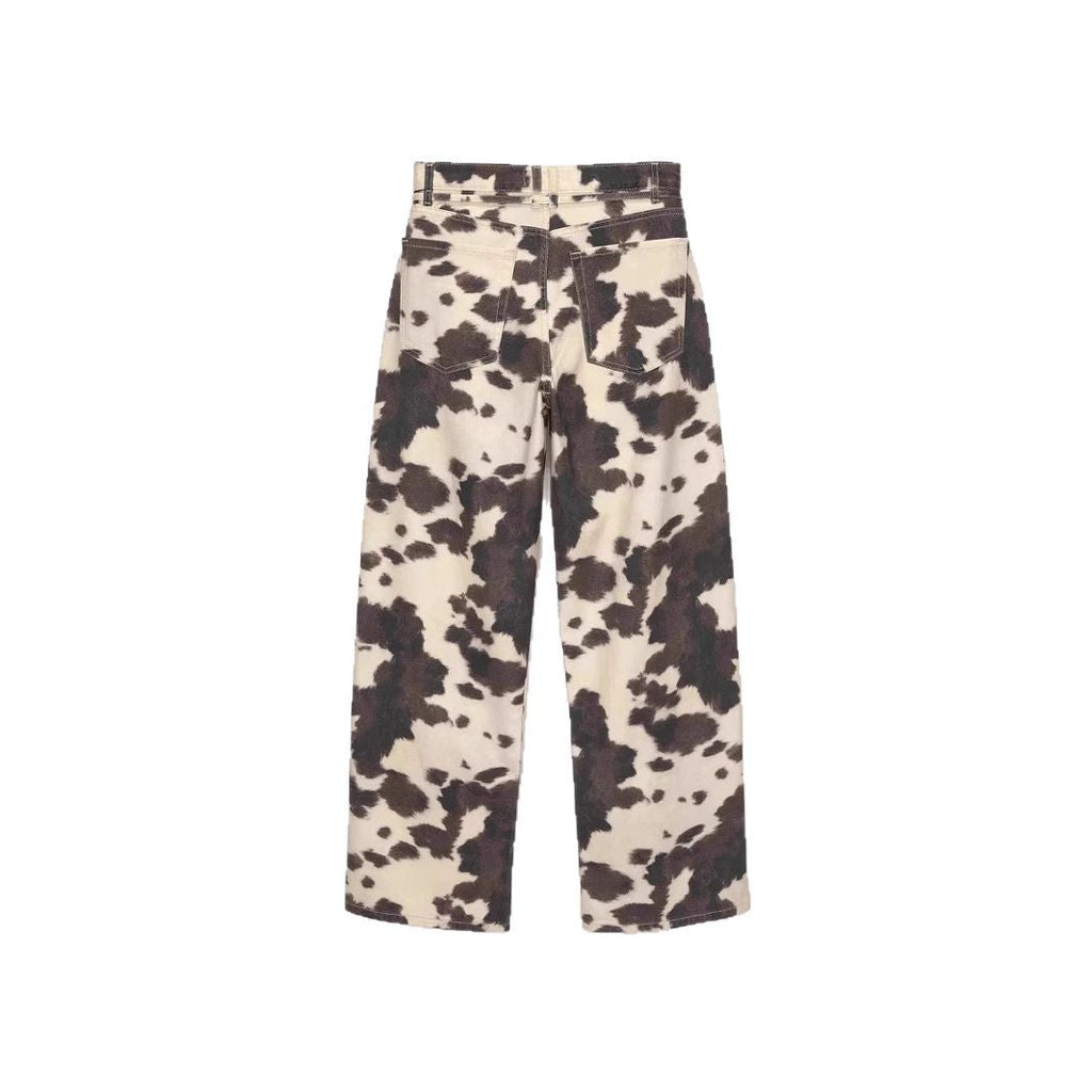 Style Vintage Straight Leg Jeans with Cow Print Washed Tie-Dye Denim Trousers Loose Long Pants Trendy