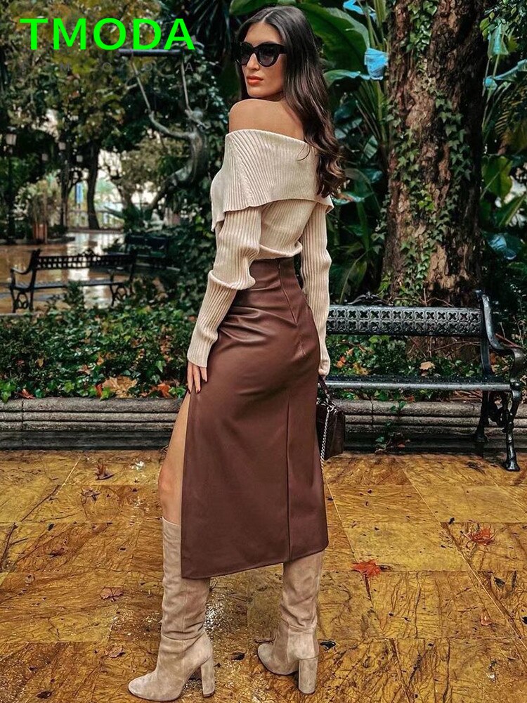 Women Fashion Side Slit Faux Leather Draped Midi Pencil Skirt Vintage High Waist Back Zipper Female Skirts