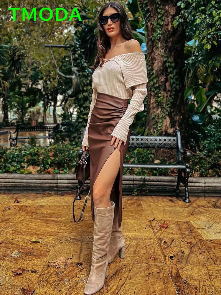 Women Fashion Side Slit Faux Leather Draped Midi Pencil Skirt Vintage High Waist Back Zipper Female Skirts