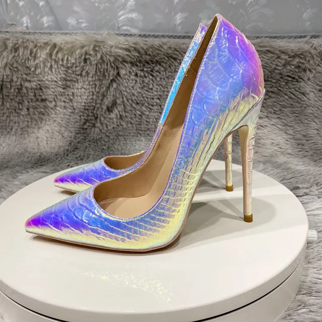 Shiny Silver Crocodile pattern Women Pointy Toe High Heel Shoes Sexy Stiletto Pumps for Wedding Party