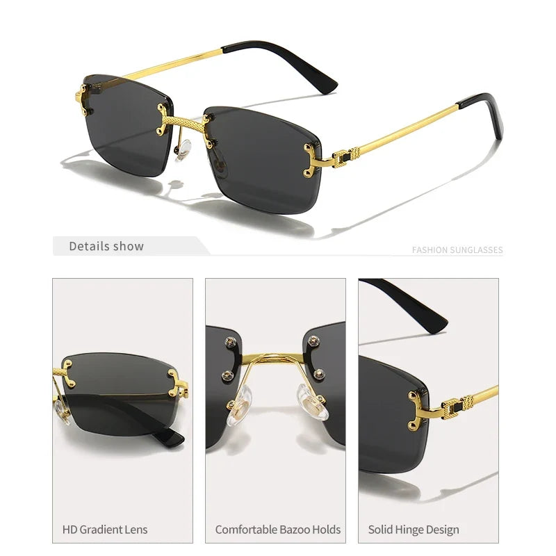 HBK Square Rimless Sunglasses Women TOP Quality Retro Metal Sun Glasses Men Luxury Party Business Gradient Shades 2024
