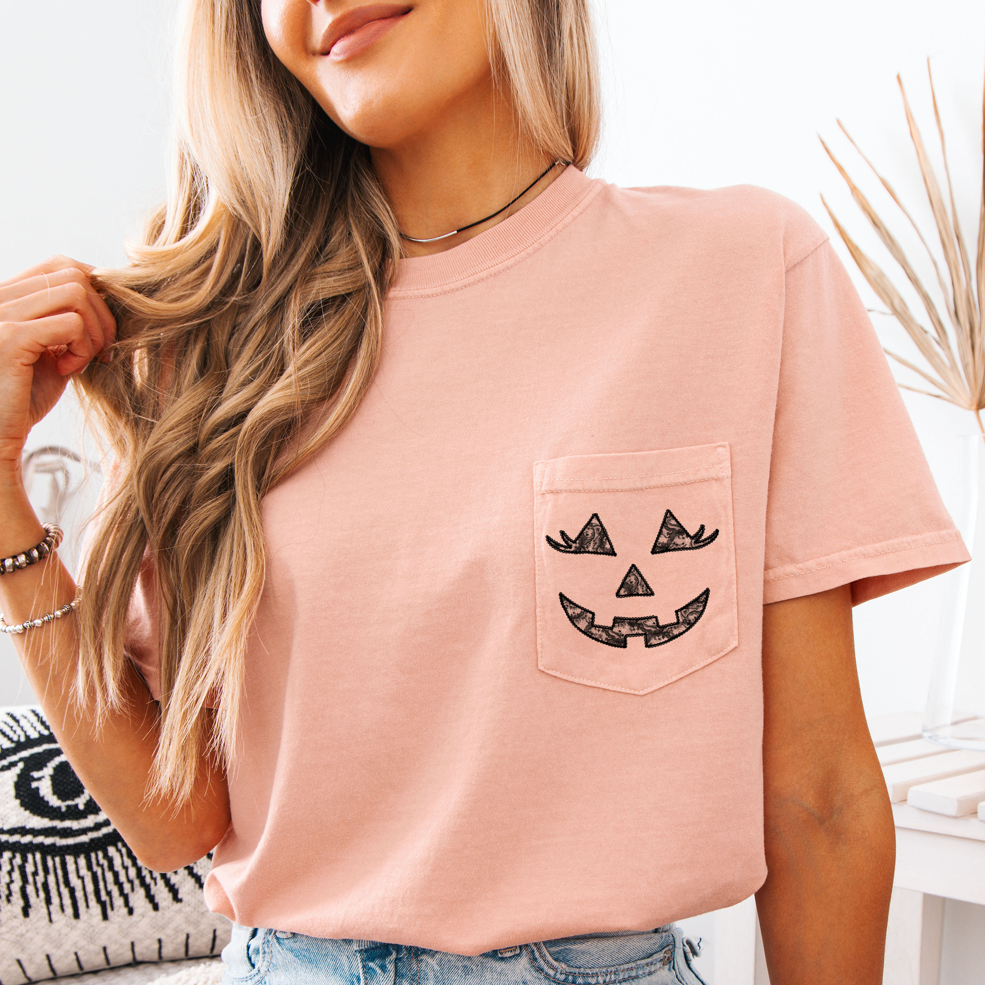 Jack O Lantern Coquette Faux Lace Halloween Pocket Limited Edition Comfort Colors Tee