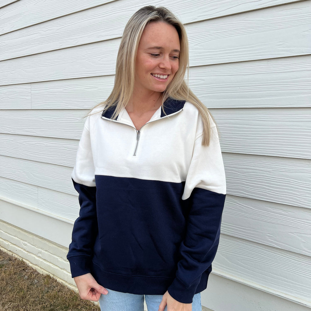 Navy/Cloud Dancer Colorblock Quarter Zip Pullover