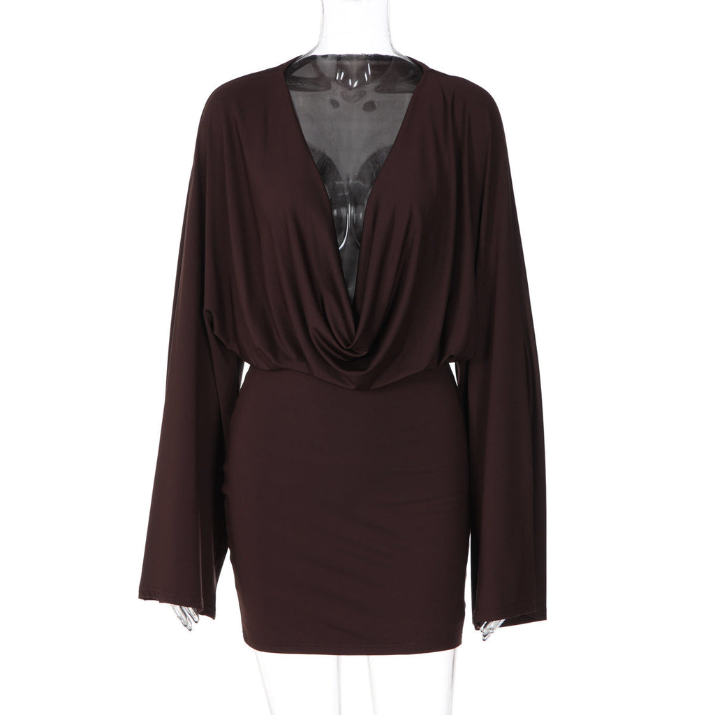 Women Sexy Low Cut Deep V Plunge neck Solid Color Long Sleeve Waist Slimming Sheath Dress