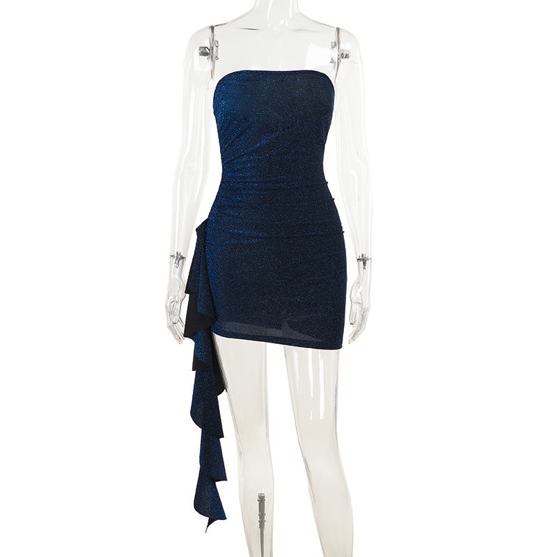 Autumn Dress Socialite Elegant Sexy Slim Fit Shiny Tube Top Ribbon Dress