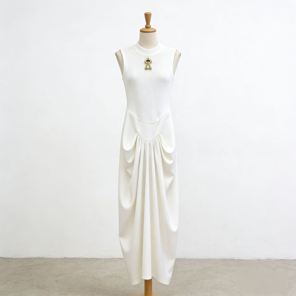 Elegant Elegant Dress Stand Collar Sleeveless Hollow Out Cutout Metal Decorative Twist Pinch Pleated Maxi Dress