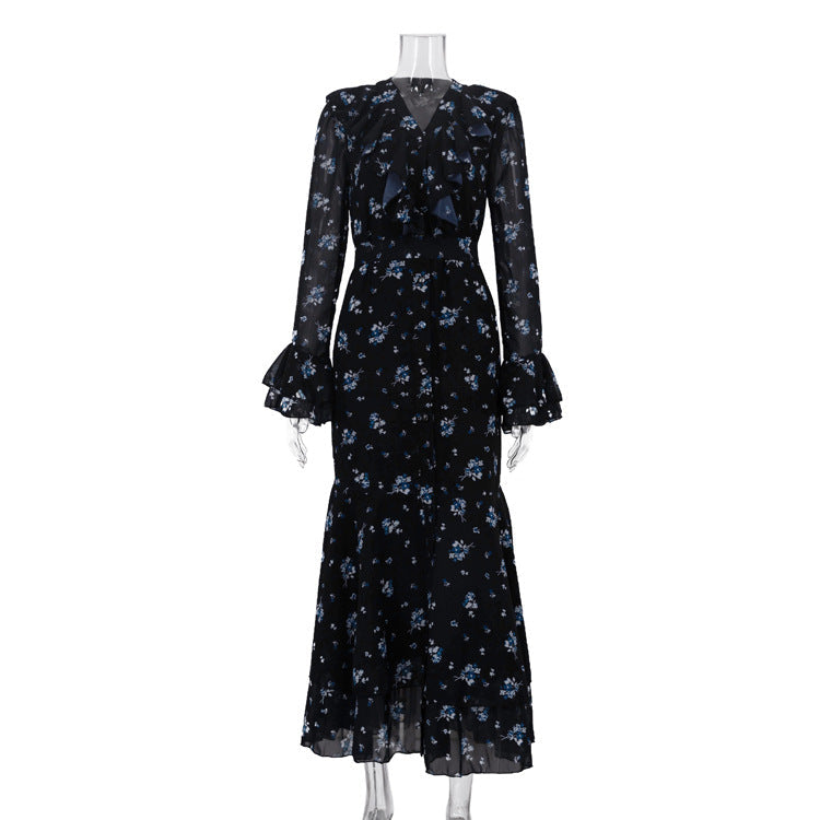 Retro V neck Flounce Bell Sleeve Single Breasted Dress Women Printed Dress