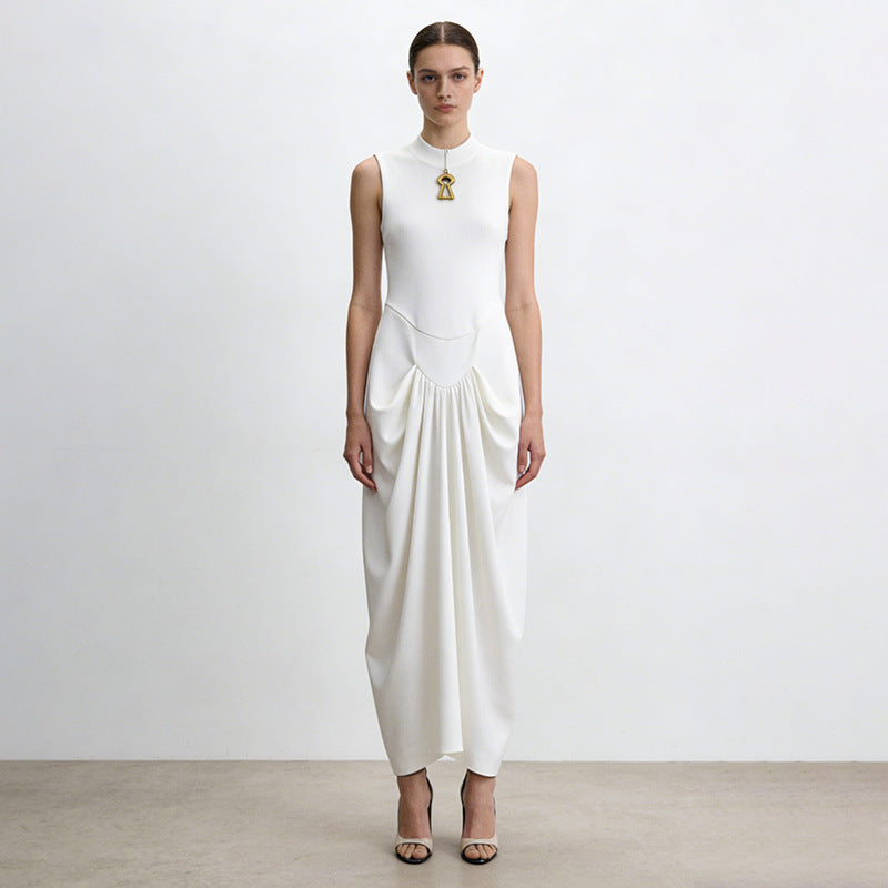 Elegant Elegant Dress Stand Collar Sleeveless Hollow Out Cutout Metal Decorative Twist Pinch Pleated Maxi Dress