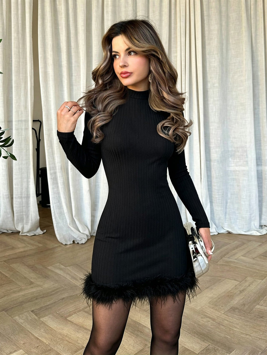 Half High Collar Long Sleeves Women Fall Winter Slim Slimming Feather Hip Dress