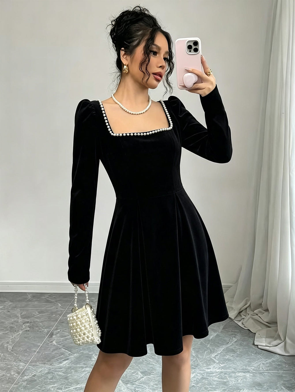 Women Clothing French Vintage Velvet Square Collar Dress Women Pearl Trim Waist Slimming A line Dress