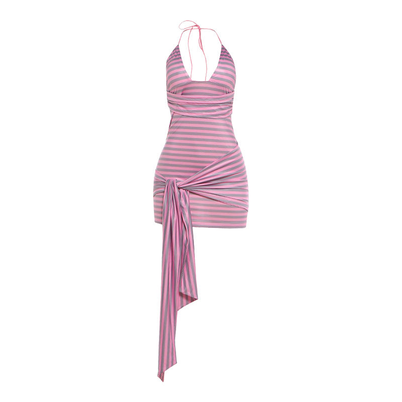 Summer Women Clothing Sexy Halter Backless Striped Printed Sexy Sheath Dress