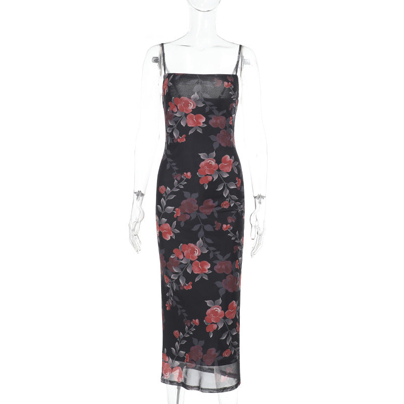 Spring Maxi Dress Socialite Elegant Sexy Slim Straps Tulle Printed Dress