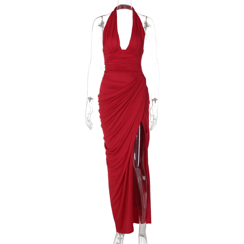 Arrival Sexy Backless Back Strap Design Fashionable Pleated Laminated Split Halter Dress