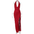 Arrival Sexy Backless Back Strap Design Fashionable Pleated Laminated Split Halter Dress