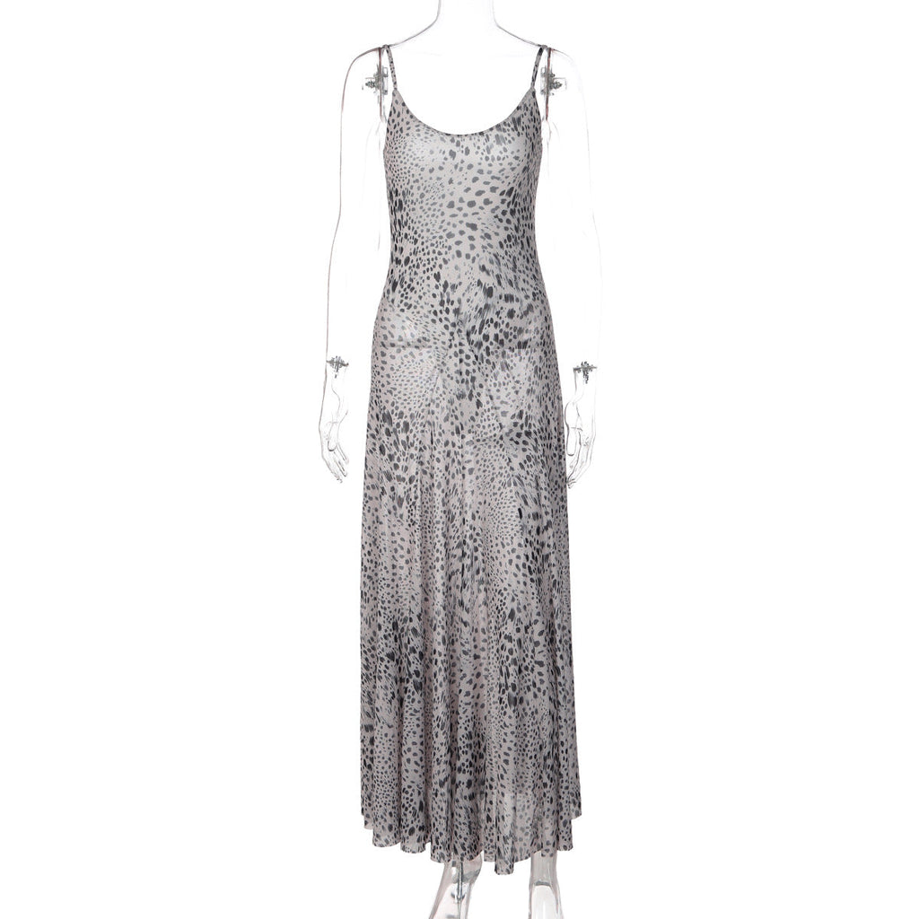 Summer Women Leopard Print Cocktail Sexy Sheer Mesh Splicing Sling One Piece Dress
