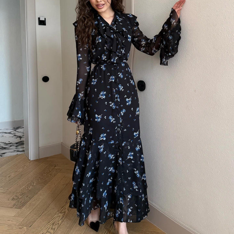 Retro V neck Flounce Bell Sleeve Single Breasted Dress Women Printed Dress