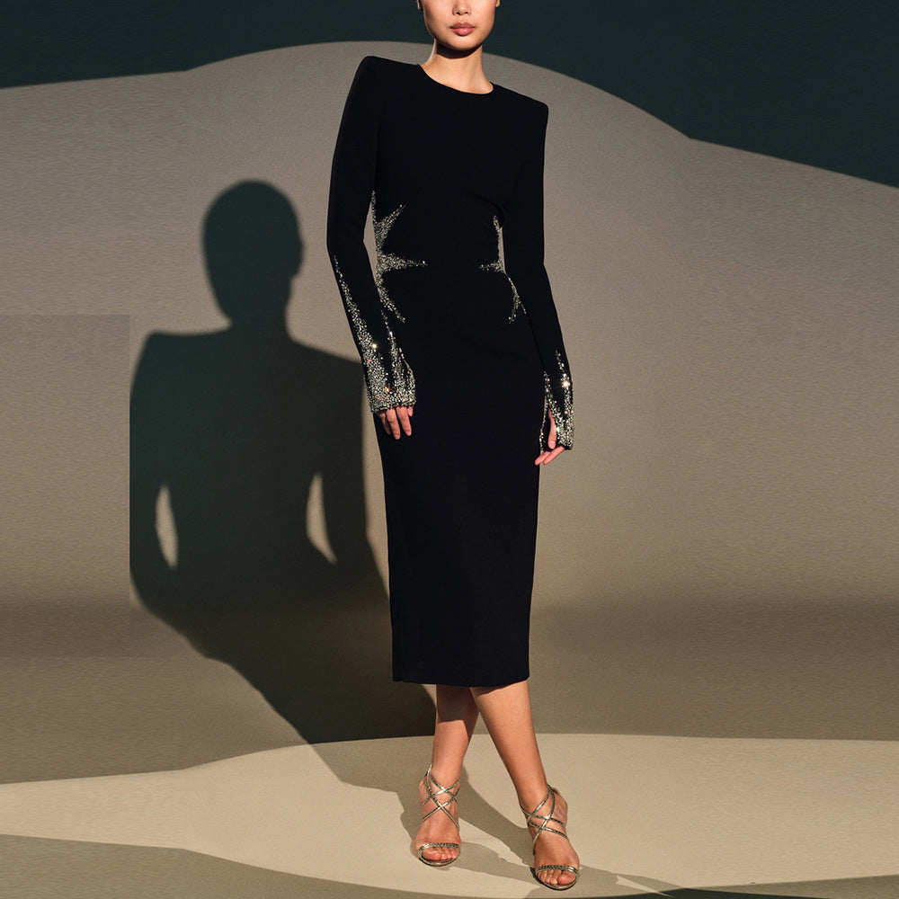 Autumn Winter Star Heavy Industry Beads Diamond Slim Mid Length Dress