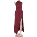 Women Evening Split Halter Party Pleated Dress