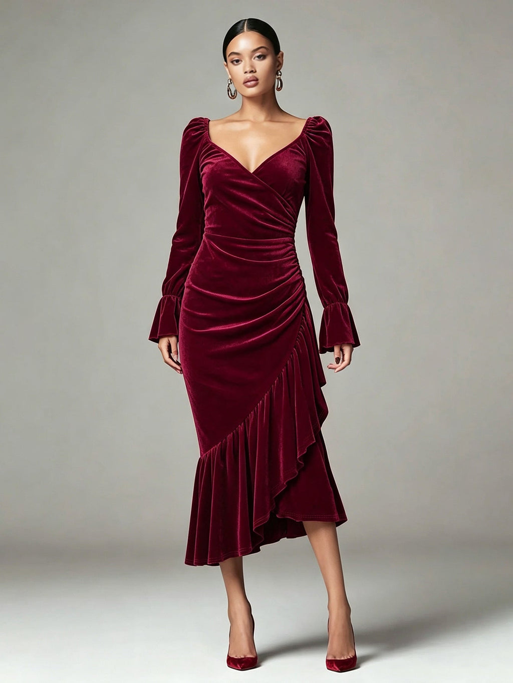 Women Clothing Velvet V neck Dress Autumn Winter Waist Slimming Irregular Asymmetric Fishtail Hip Wrapped Mid Length Dress