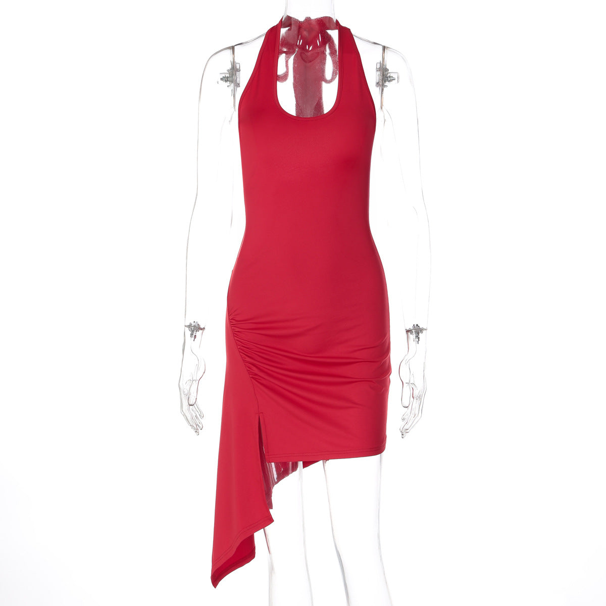 Women Summer Sexy Backless Waist Trimming Pleated Ribbon Solid Color Sleeveless Dress
