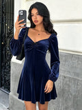 V neck Velvet Women Autumn Winter Puff Sleeve Waist Slimming A line Dress