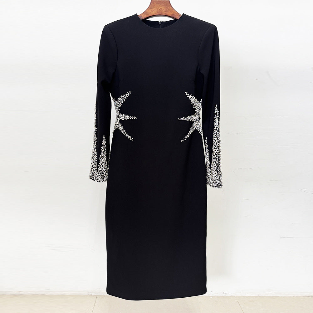 Autumn Winter Star Heavy Industry Beads Diamond Slim Mid Length Dress