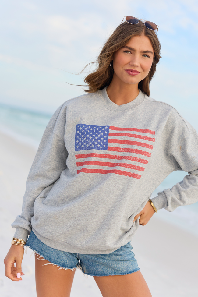 Distressed Flag Light Grey Graphic Sweatshirt