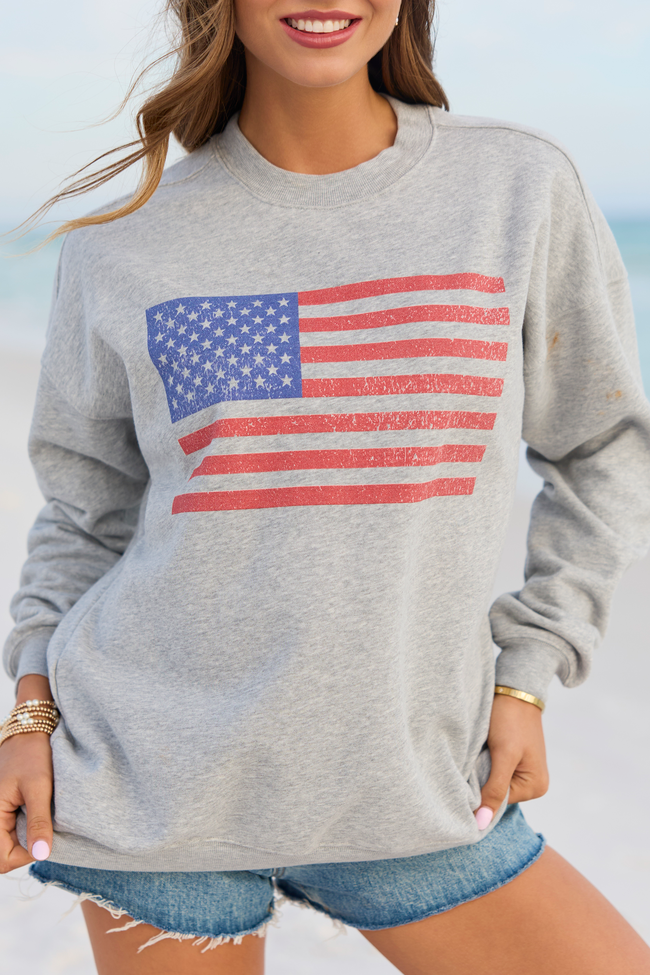 Distressed Flag Light Grey Graphic Sweatshirt