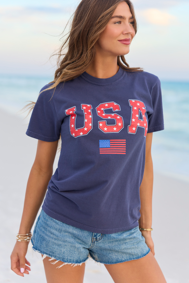 Athletic USA Flag Star Print Navy Comfort Colors Graphic Tee