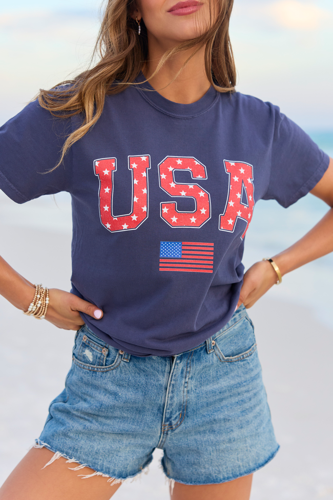 Athletic USA Flag Star Print Navy Comfort Colors Graphic Tee