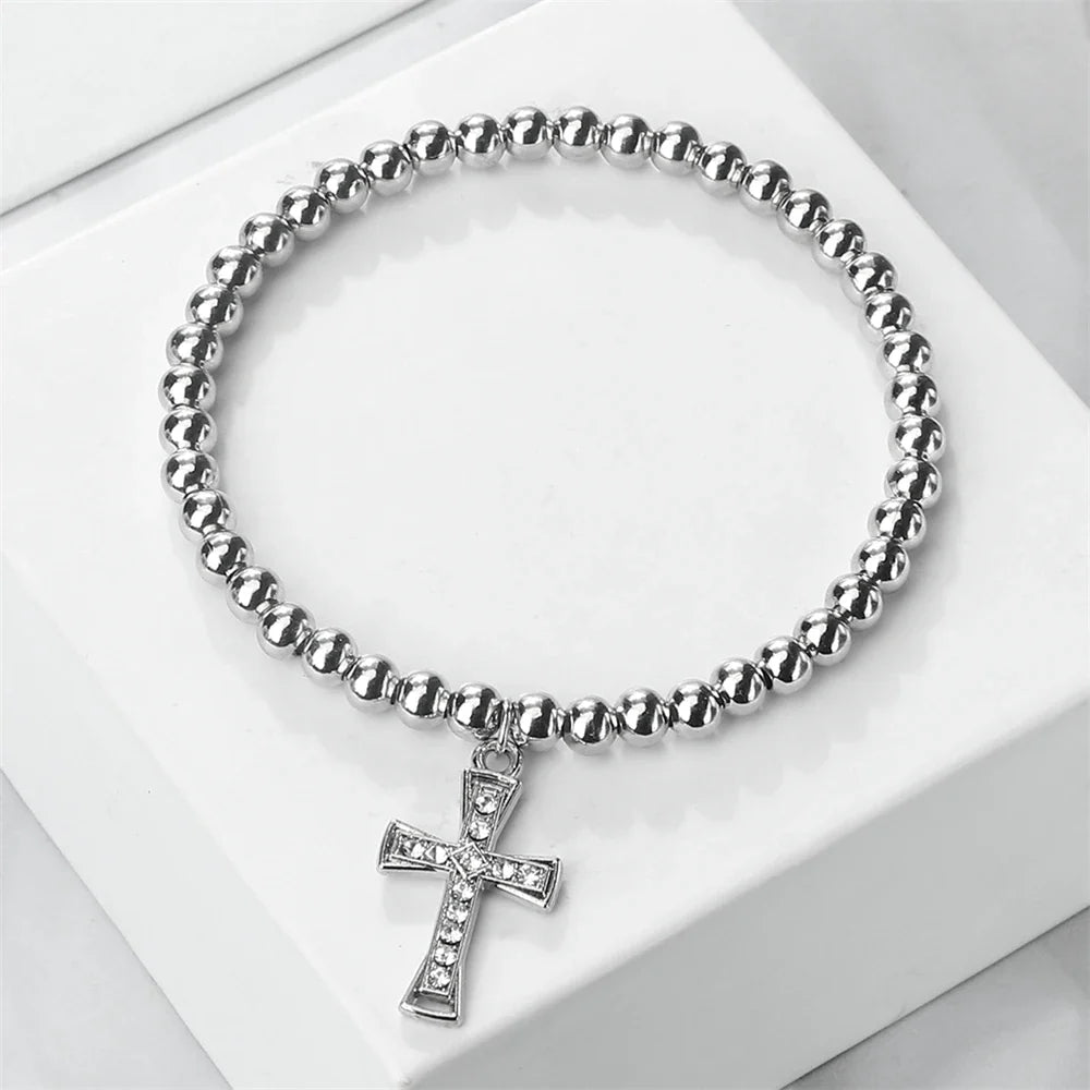 5mm Copper Beaded Bracelets With Alloy Cross Pendant Bangles Fashion Women Elastic Rope Wristbands Men Energy Yoga Jewelry Gifts