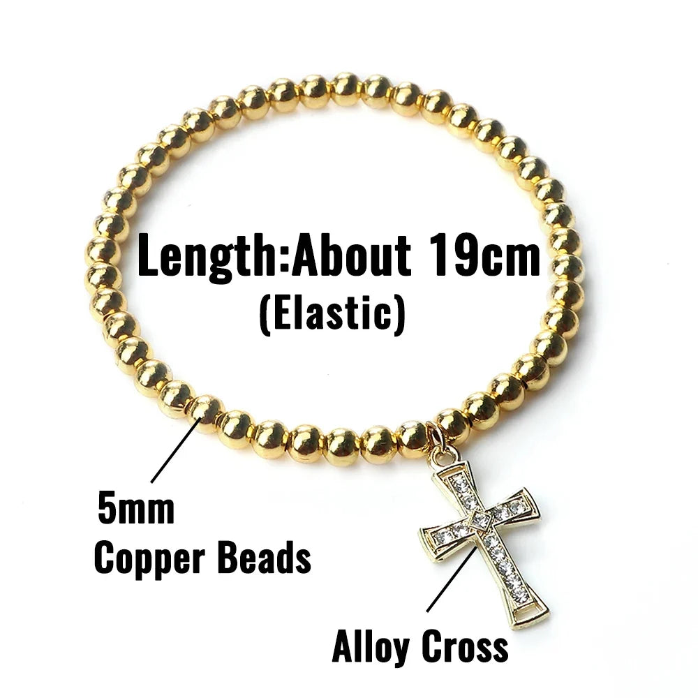 5mm Copper Beaded Bracelets With Alloy Cross Pendant Bangles Fashion Women Elastic Rope Wristbands Men Energy Yoga Jewelry Gifts