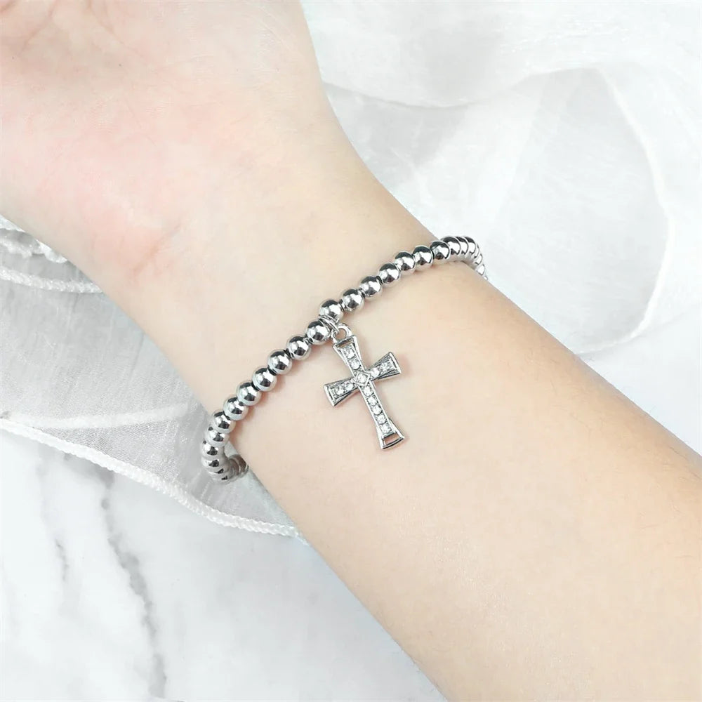 5mm Copper Beaded Bracelets With Alloy Cross Pendant Bangles Fashion Women Elastic Rope Wristbands Men Energy Yoga Jewelry Gifts
