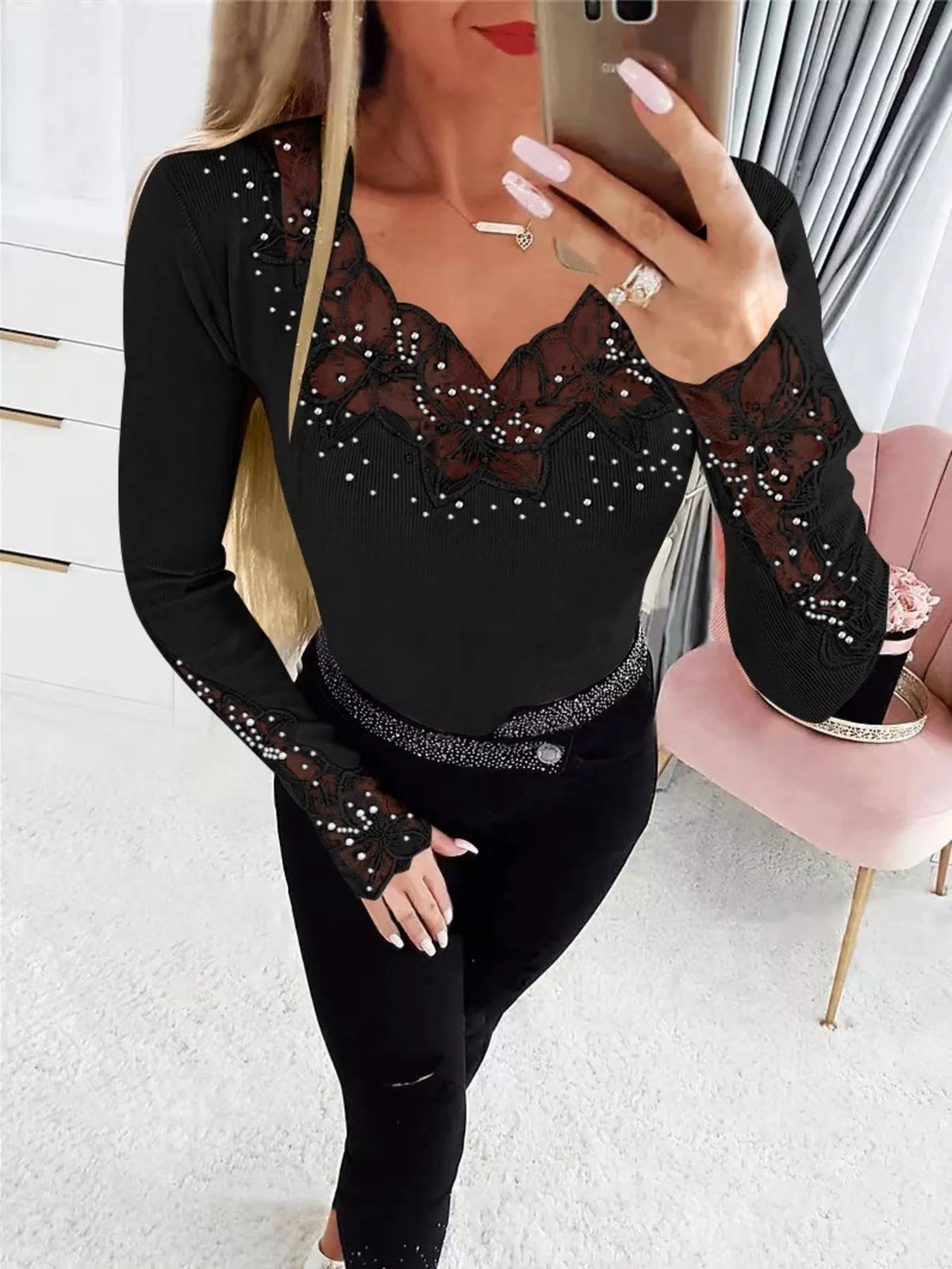 Elegant Lace Trim Long Sleeve Top