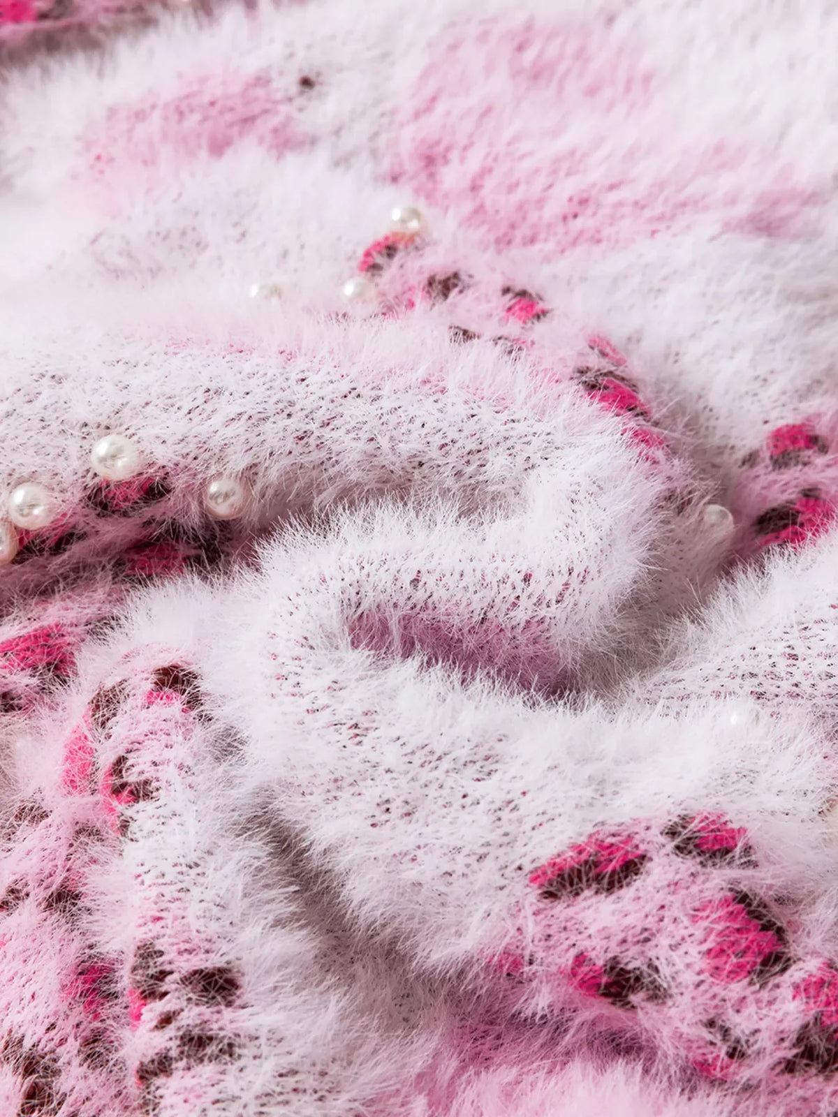 Heart Leopard Pearled Ribbed Trim Fuzzy Sweater