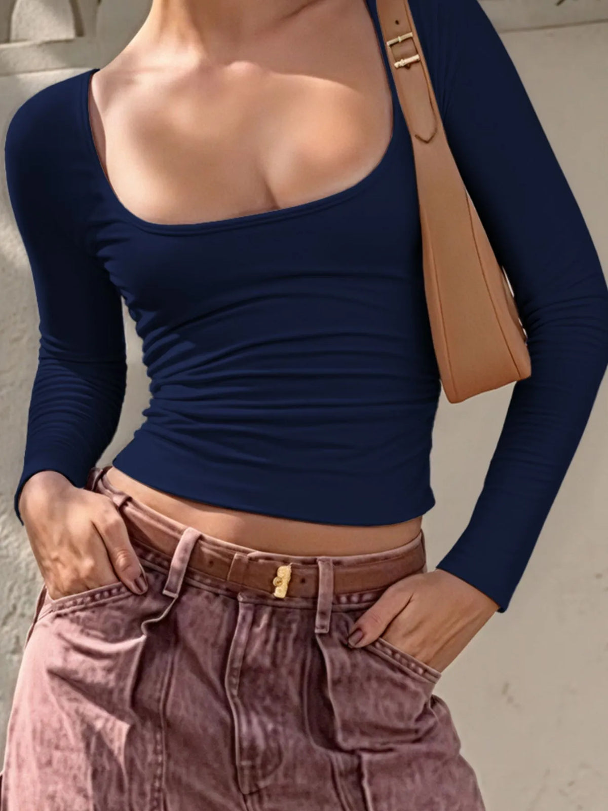 Long Sleeve Scoop Neck Fitted T-Shirt