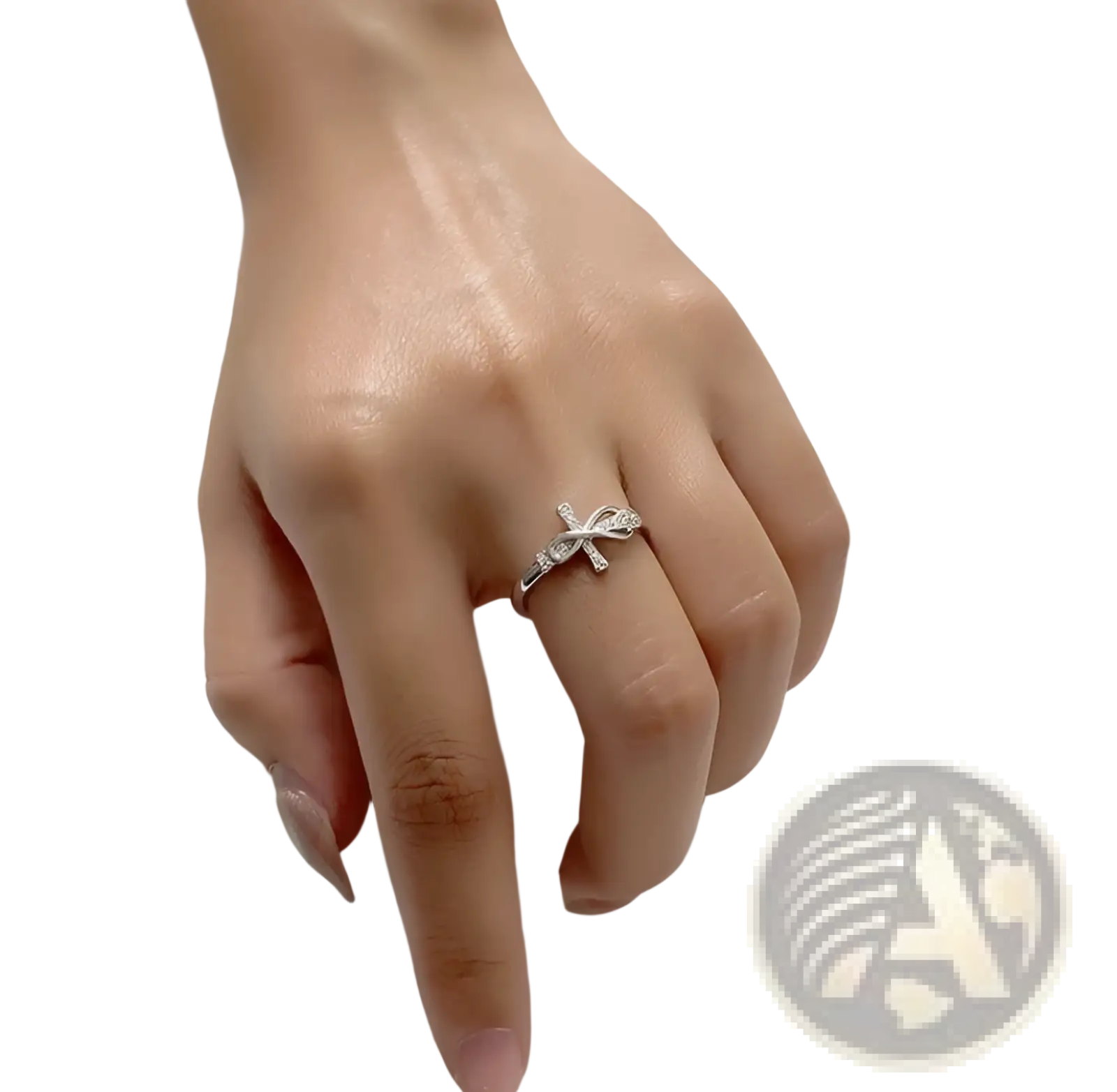 Adjustable Silver Cross and Bow Crystal Ring for Women