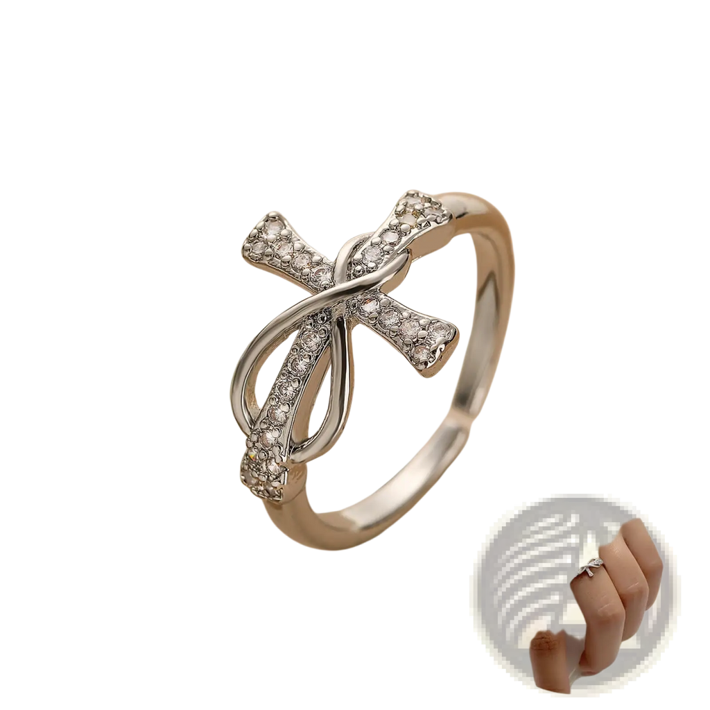 Adjustable Silver Cross and Bow Crystal Ring for Women
