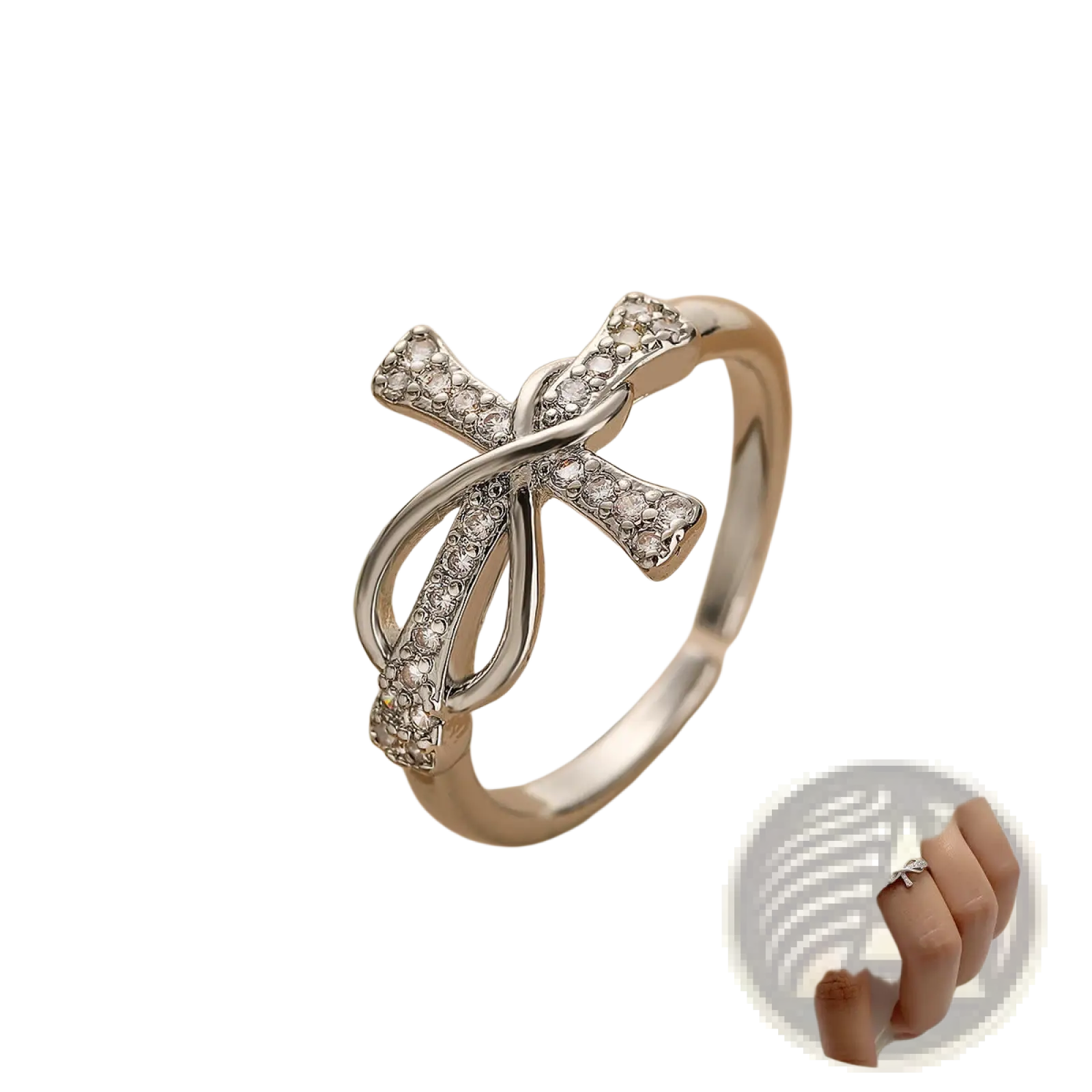 Adjustable Silver Cross and Bow Crystal Ring for Women