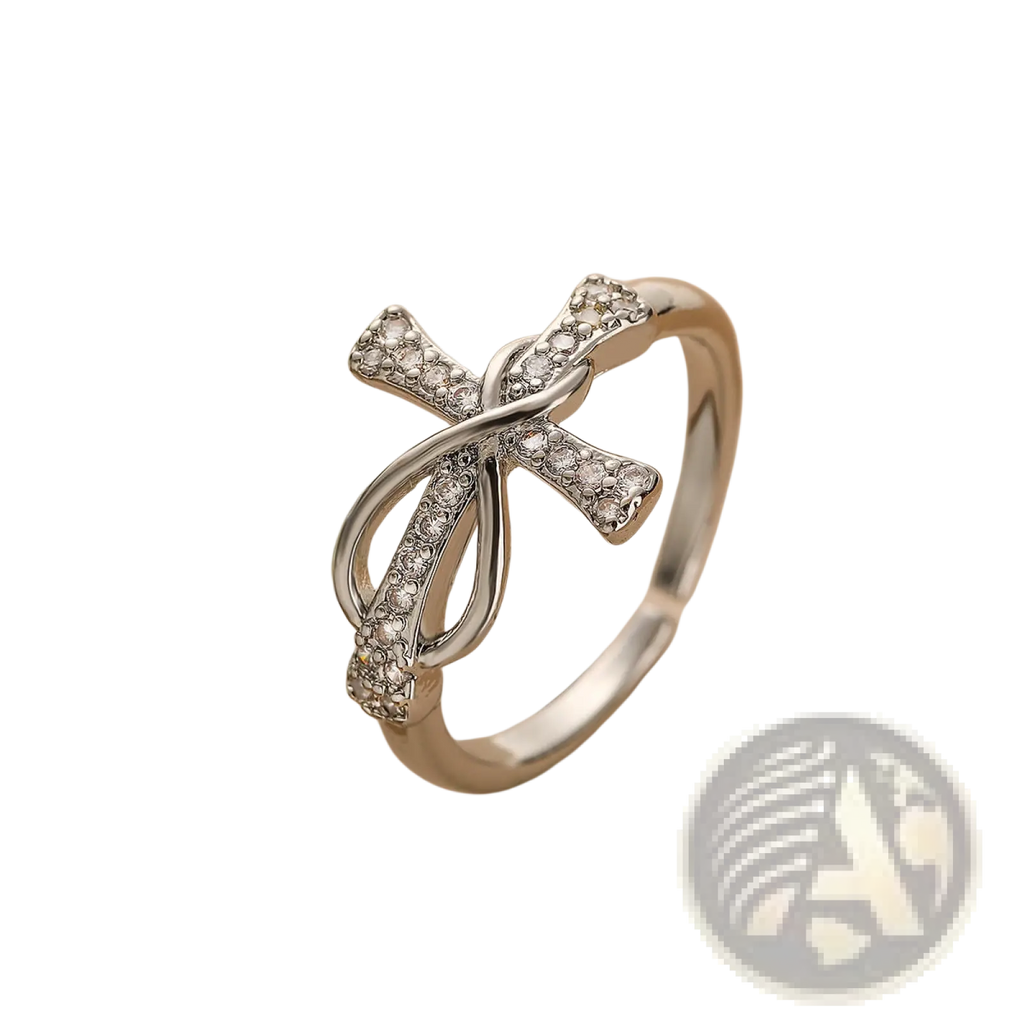 Adjustable Silver Cross and Bow Crystal Ring for Women