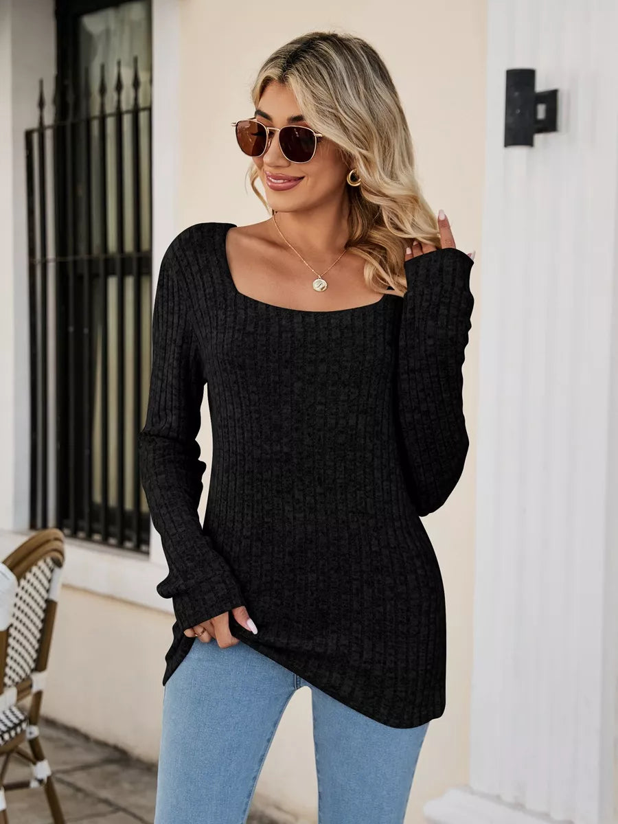 Ribbed Square Neck Long Sleeve T-Shirt