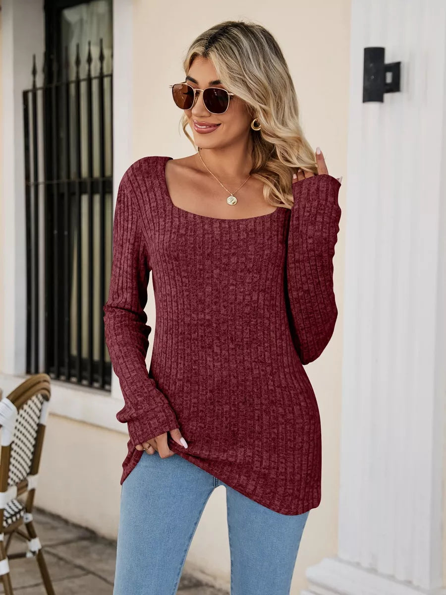 Ribbed Square Neck Long Sleeve T-Shirt