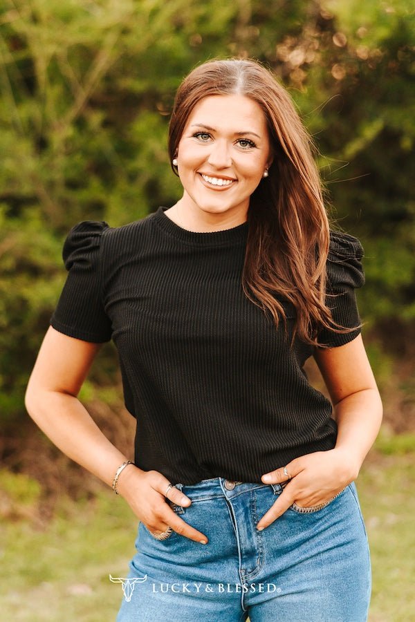 LUCKY & BLESSED "Midnight Western" Ribbed Puff Sleeve Top — Black Buttery-Soft Stretch Cowgirl Staple