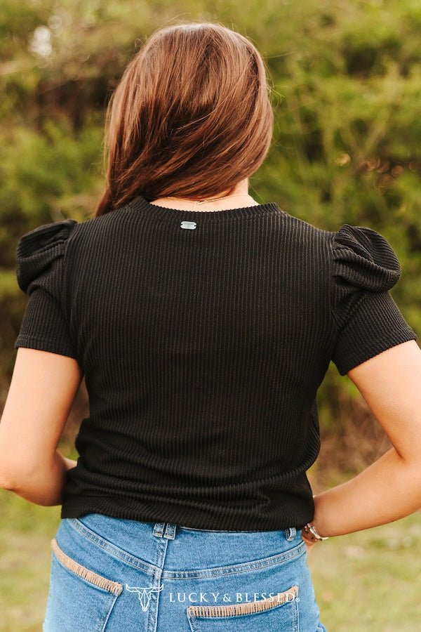 LUCKY & BLESSED "Midnight Western" Ribbed Puff Sleeve Top — Black Buttery-Soft Stretch Cowgirl Staple