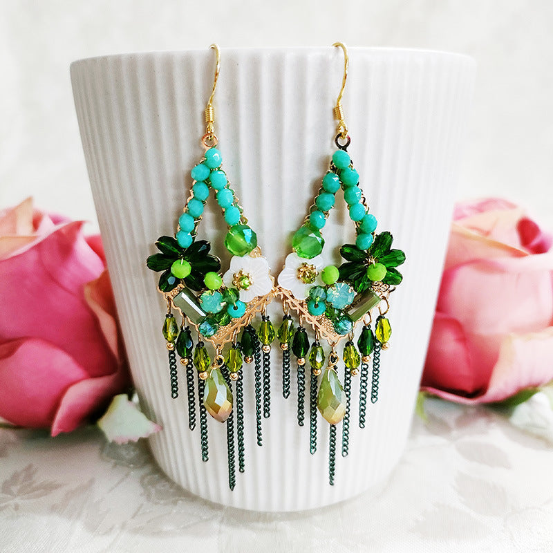 Vintage Tassel Shell Flower Crystal Earrings
