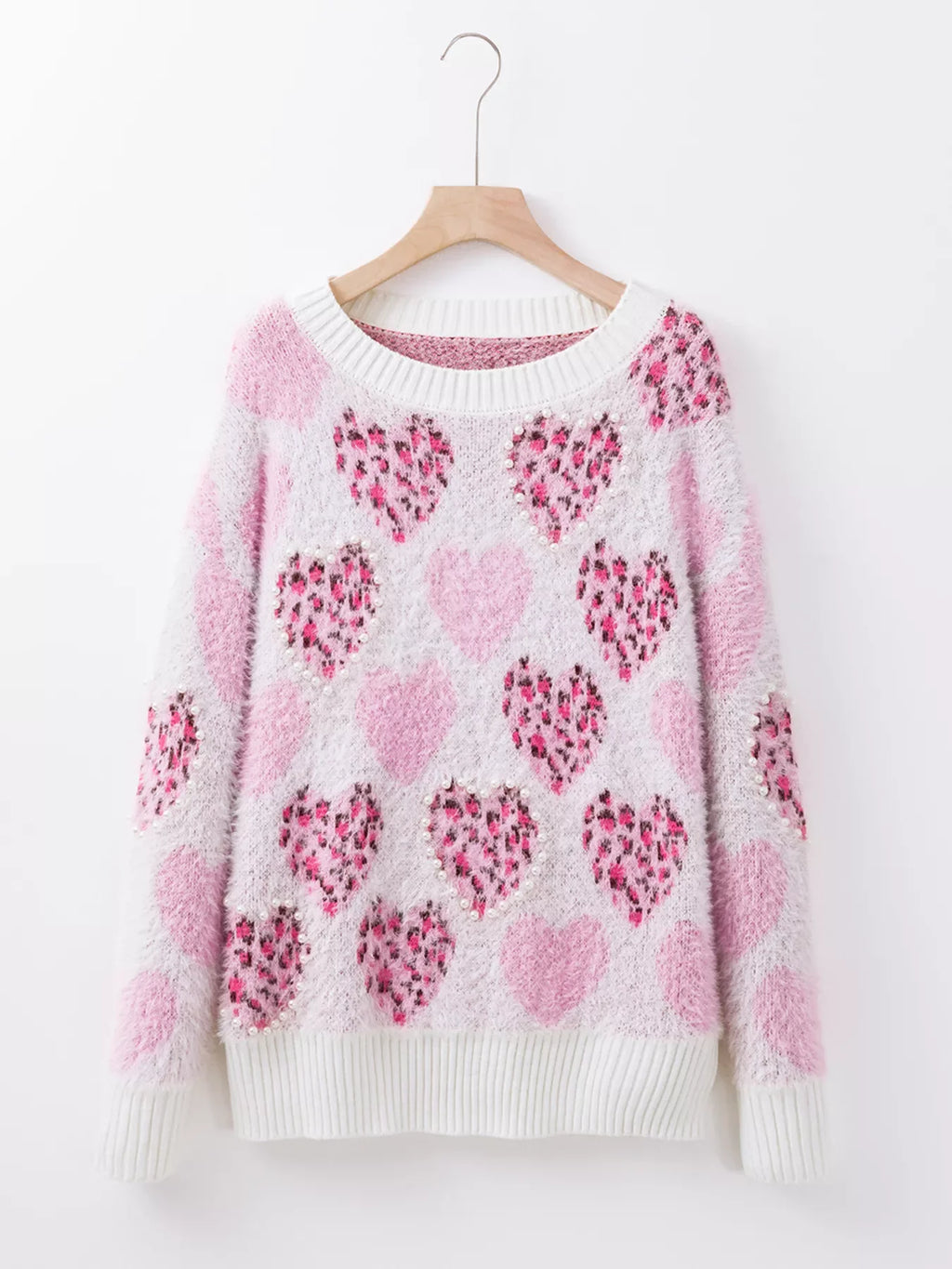 Heart Leopard Pearled Ribbed Trim Fuzzy Sweater