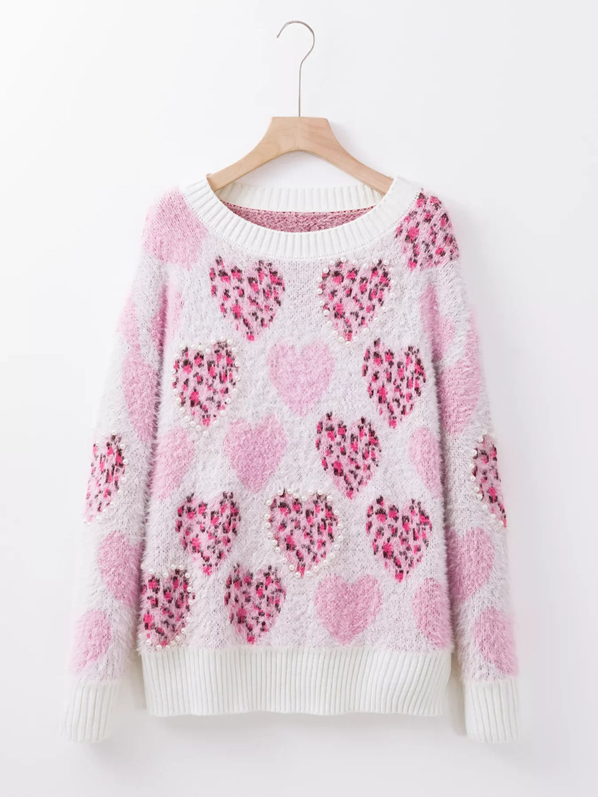 Heart Leopard Pearled Ribbed Trim Fuzzy Sweater