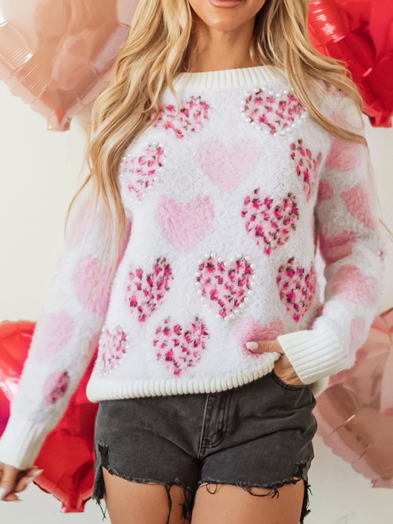 Heart Leopard Pearled Ribbed Trim Fuzzy Sweater