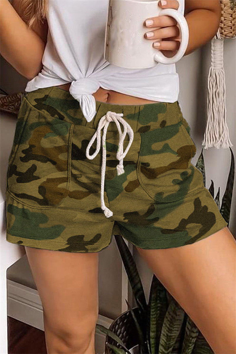 Camo Casual Shorts Loose Strap Pants For Ladies